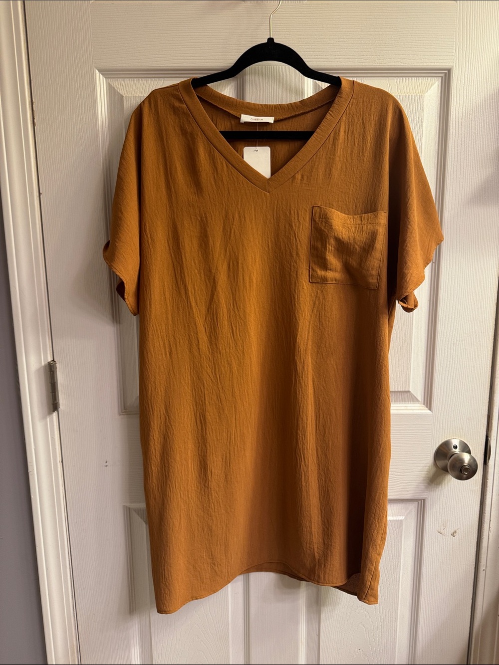 Cherish Women’s V-Neck Pocket Tee Dress in Rust with Pockets